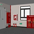 Fire Equipment Setup With Red Cabinets Extinguishers And Exit Signs In Indoor Area
