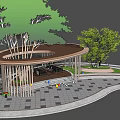 Shaded Wooden Pergola with Green Trees Benches and Colorful Decorative Balls in Garden Rest Area