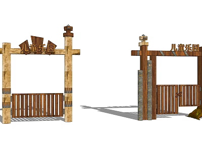 Two Traditional Wooden Gates for Children's Park with Decorative Pillars and Beams 3d model