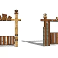 Two Traditional Wooden Gates for Children's Park with Decorative Pillars and Beams