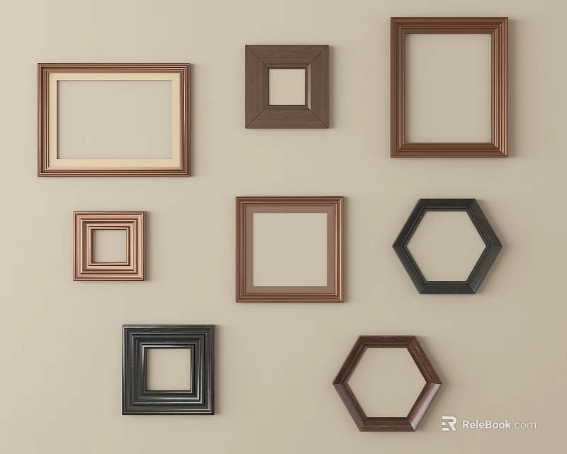 Decorative Picture Frames In Various Shapes And Colors On Beige Wall 3d model 