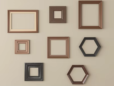 Decorative Picture Frames In Various Shapes And Colors On Beige Wall 3d model