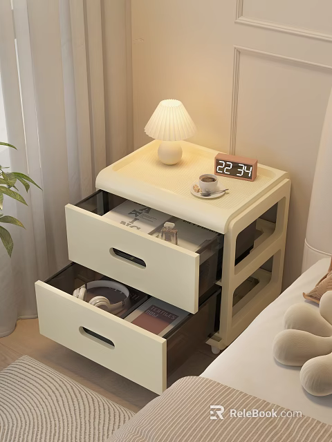 Light Decorative Cabinet with Open Drawers Lamp Clock Coffee Cup on Top in Cozy Bedroom 3d model 