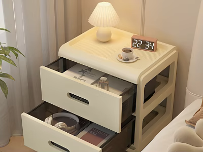Light Decorative Cabinet with Open Drawers Lamp Clock Coffee Cup on Top in Cozy Bedroom 3d model