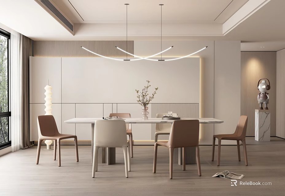Modern Dining Room Interior With Round White Table Chairs Pendant Lights Vase Flowers Light Wall 3d model 