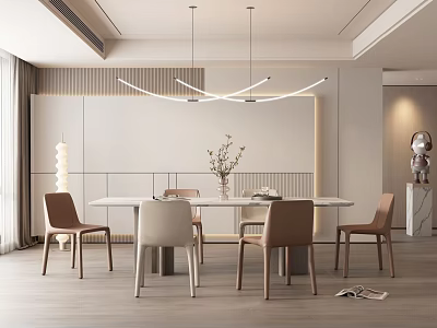 Modern Dining Room Interior With Round White Table Chairs Pendant Lights Vase Flowers Light Wall 3d model