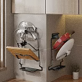 Kitchen Wall Mounted Storage Rack With Pot Lids Wooden Cutting Board And Red Pan