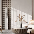 Modern Living Room Interior With Curved Sofa Woven Rattan Chair Round Rug And Wooden Flooring