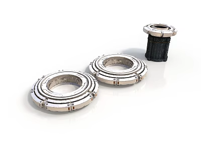 Industrial Metal Ring Components Two Flat Placed And One Upright With Black Base 3d model