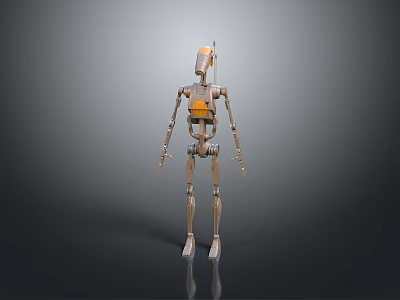 3D Model Of Robot Character As Mechanical Creature With Metallic Structure And Orange Accents 3d model