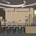 Modern Café Interior Design With Wooden Bar Counter Black Stools And Green Plants