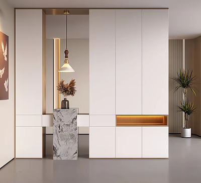 Modern Entryway Cabinet Sideboard Featuring White Design Marble Countertop Pendant Lamp And Potted Plant 3d model