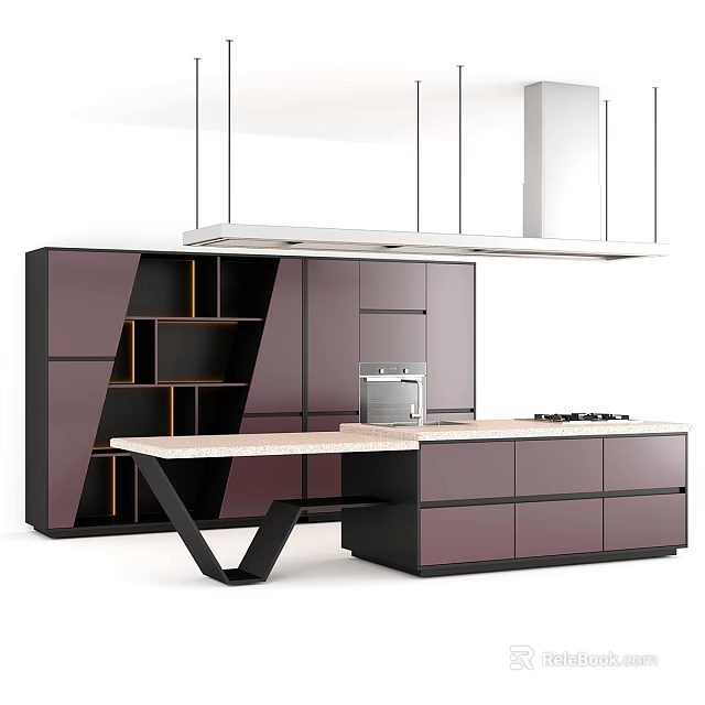 Modern Kitchen Featuring Dark Purple Cabinets Open Shelves And Marble Island Countertop 3d model 
