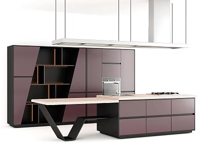 Modern Kitchen Featuring Dark Purple Cabinets Open Shelves And Marble Island Countertop 3d model