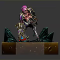 Armored Fantasy Character Statue Featuring Pink Hair Hexagonal Gold Base Green Interior Rock Details