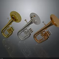 Three Decorative Shiny Trumpets In Gold Silver Copper As Living Supplies
