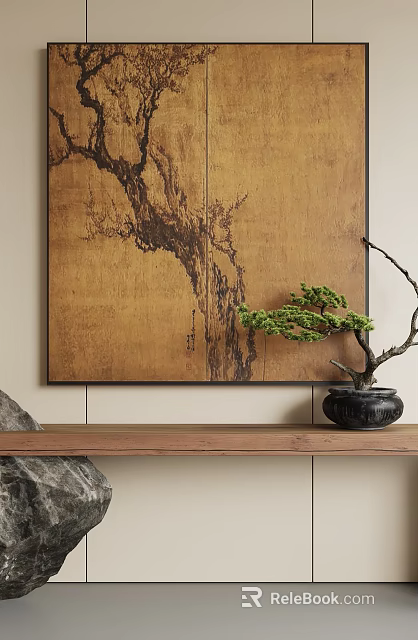Traditional Ink Painting On Wall With Bonsai Tree And Wooden Shelf 3d model 