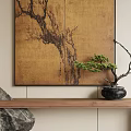 Traditional Ink Painting On Wall With Bonsai Tree And Wooden Shelf