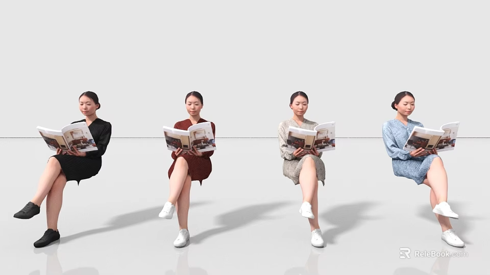 Four Women Sitting Suspended In Air Reading Magazines Against Minimalist White Background 3d model 