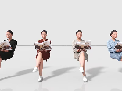 Four Women Sitting Suspended In Air Reading Magazines Against Minimalist White Background 3d model