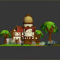 Cartoon Style House Scene With Red Roof Dome Tower Trees Lawn And Wooden Path