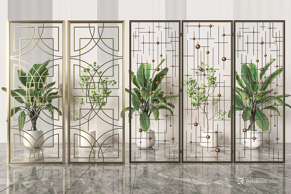 Modern Metal Room Divider With Geometric Patterns And Green Plants Decoration 3d model
