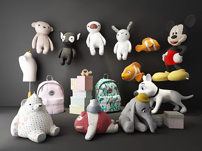 Plush Stuffed Toys Collection Featuring Bear Owl Elephant Clownfish Mickey Mouse And Backpacks 3d model
