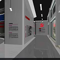 Modern Exhibition Hall Interior Design With Blue Red Display Panels Wall Graphics And Gray Floor