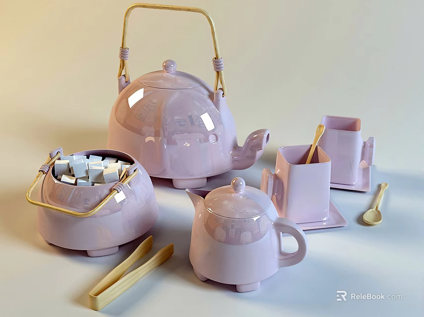 Pastel Pink Ceramic Tea Set With Teapot Sugar Bowl Teacup Tray And Teaspoon 3d model 