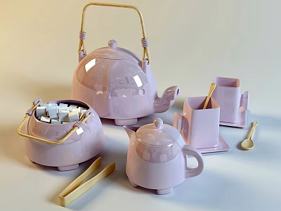 Pastel Pink Ceramic Tea Set With Teapot Sugar Bowl Teacup Tray And Teaspoon 3d model