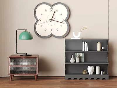 Modern Gray TV Stand With Open Shelves Table Lamp Wall Clock And Decorative Items 3d model