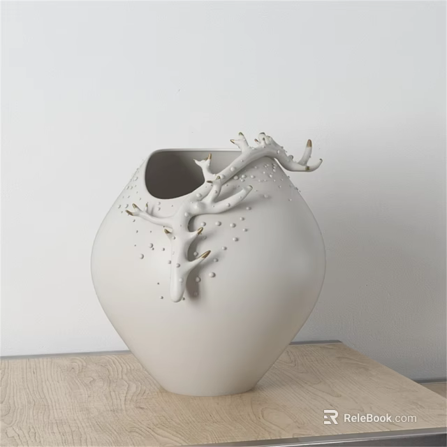 White Ceramic Vase With Branch Decorations And Small Dots On Wooden Table Against White Wall 3d model 