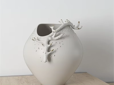 White Ceramic Vase With Branch Decorations And Small Dots On Wooden Table Against White Wall 3d model