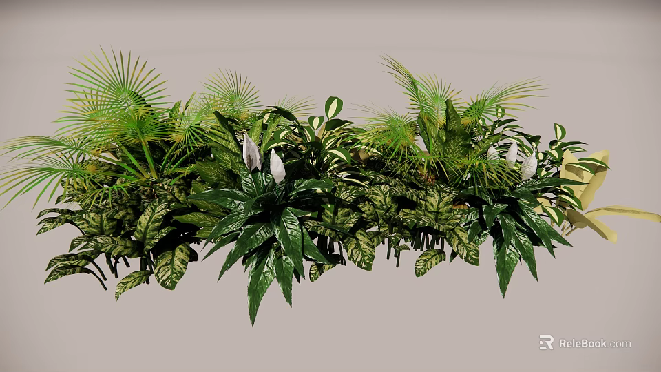Lush Tropical Greenery Arrangement With Various Leaves And White Flowers 3d model 