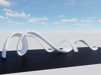 White Curved Art Installation on Black Surface with Blue Sky and White Clouds Background 3d model