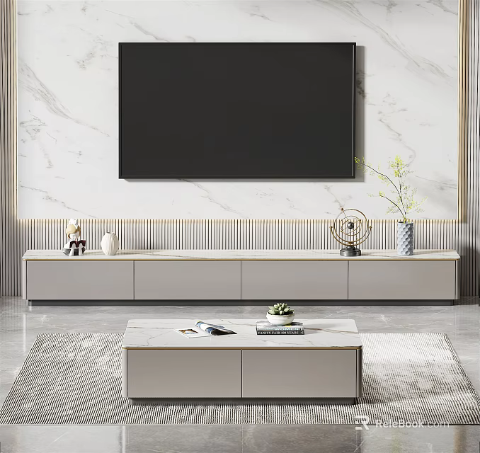 Modern Light Gray TV Stand Design With Marble Wall And Decorative Ornaments 3d model 