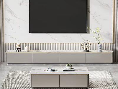 Modern Light Gray TV Stand Design With Marble Wall And Decorative Ornaments 3d model
