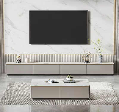 Modern Light Gray TV Stand Design With Marble Wall And Decorative Ornaments 3d model