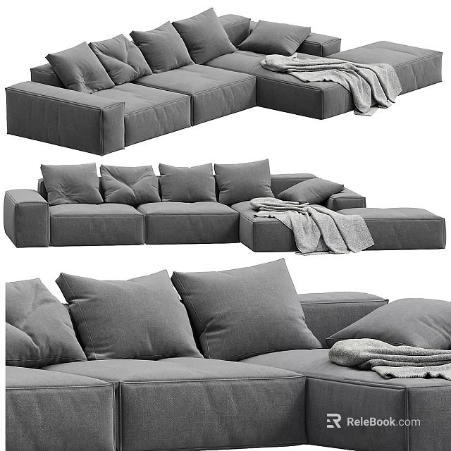 Gray Upholstered L shaped Sectional Sofa With Plush Pillows And Soft Throw Blanket 3d model 