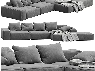 Gray Upholstered L shaped Sectional Sofa With Plush Pillows And Soft Throw Blanket 3d model