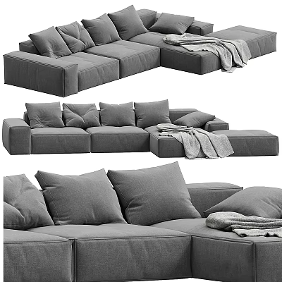 Gray Upholstered L shaped Sectional Sofa With Plush Pillows And Soft Throw Blanket 3d model