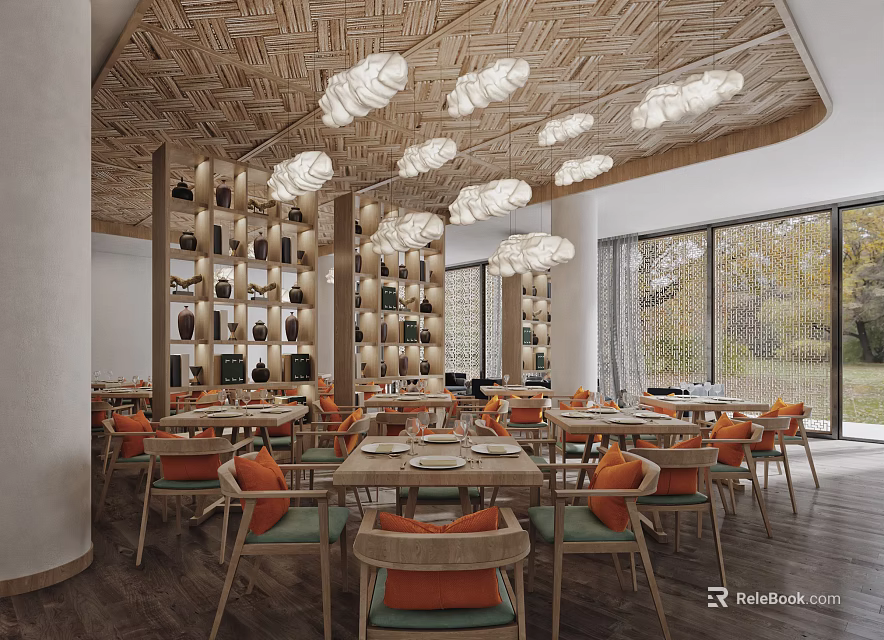 Elegant Restaurant Interior With Woven Wooden Ceiling White Pendant Lights Bookshelf Wall And Orange Green Chairs 3d model 