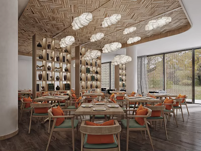 Elegant Restaurant Interior With Woven Wooden Ceiling White Pendant Lights Bookshelf Wall And Orange Green Chairs 3d model