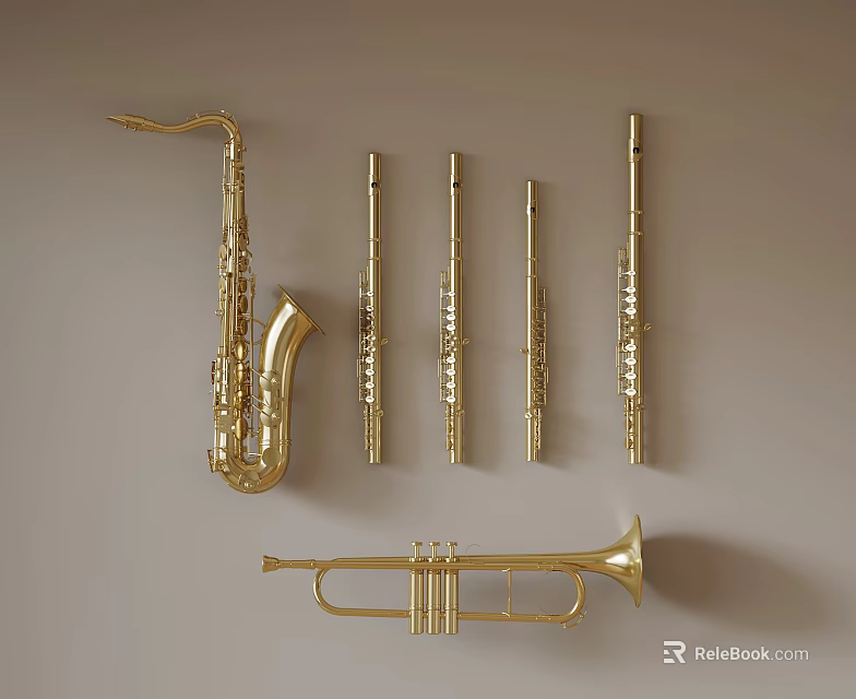 Golden Musical Instruments Hanging On Wall With Saxophone Flutes And Trumpet 3d model 