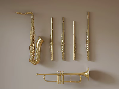 Golden Musical Instruments Hanging On Wall With Saxophone Flutes And Trumpet 3d model