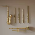Golden Musical Instruments Hanging On Wall With Saxophone Flutes And Trumpet