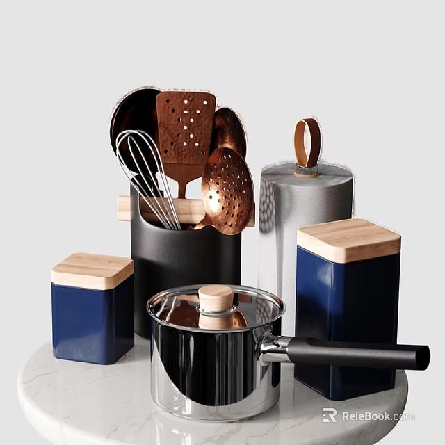 Stylish Kitchen Utensils Copper Tools Blue Black Canisters Wooden Lids Stainless Steel Pot 3d model 