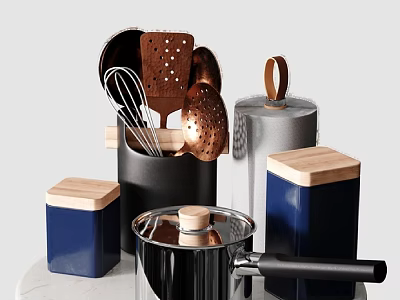Stylish Kitchen Utensils Copper Tools Blue Black Canisters Wooden Lids Stainless Steel Pot 3d model
