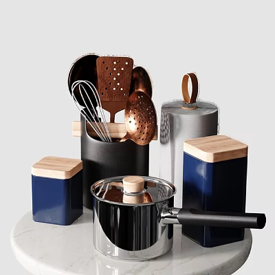 Stylish Kitchen Utensils Copper Tools Blue Black Canisters Wooden Lids Stainless Steel Pot 3d model