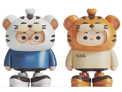 Cute Tiger Headwear Plush Dolls With White Orange ODR Clothes And Shoes 3d model